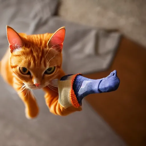 Image similar to orange tabby cat sneakily stealing a sock, tabby cat sock heist, thief