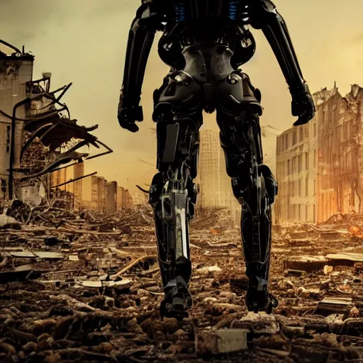 Image similar to dark picture of a metalic terminator exoskeleton walking on a destroyed city, 8 k, uhd, gloomy background, golden hour, 5 0 0 mm