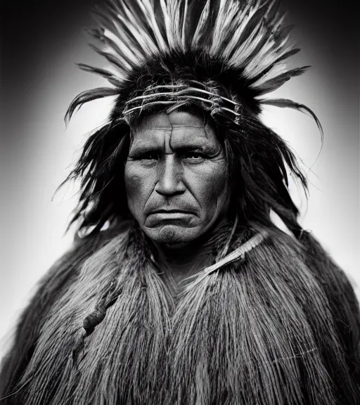 Image similar to Award winning Editorial photo of a Native Iroquois with incredible hair wearing traditional garb by Edward Sherriff Curtis and Lee Jeffries, 85mm ND 5, perfect lighting, gelatin silver process