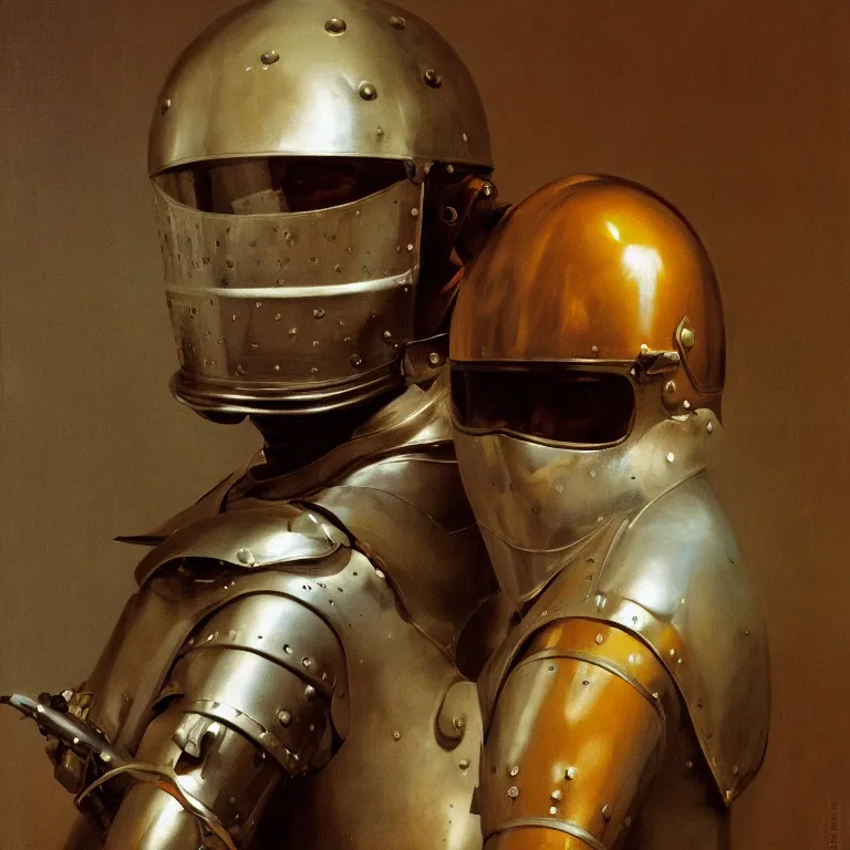 Image similar to portrait of a knight in a motorcycle helmet, fashion studio, lighting, 35mm , Edward Hopper and James Gilleard, Zdzislaw Beksinski, Steven Outram highly detailed