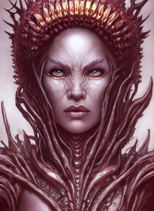 Image similar to a hyper detailed face portrait of the queen of blades smiling, diablo 4 lilith, by yusuke murata, by hiroya oku, by dorian cleavenger, by tom bagshaw, by zdzisław beksinski, trending on artstation