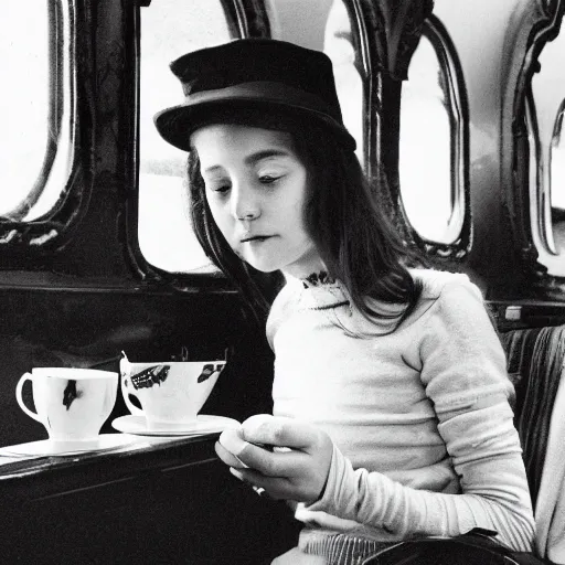 Prompt: a young beautiful girl on a passenger train drinking tea and eating candy, old black and white photo, hyper detailed