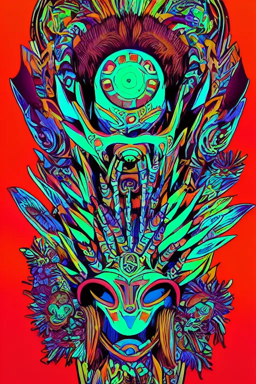 Image similar to animal mask totem roots flower tribal feather gemstone plant wood rock shaman vodoo video game vector cutout illustration vivid multicolor borderlands comics by josan gonzales and dan mumford radiating a glowing aura