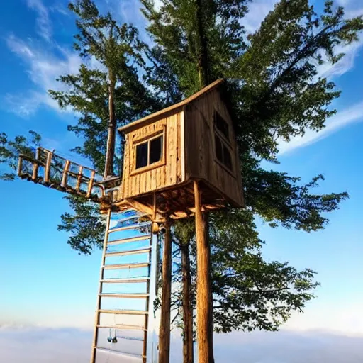Prompt: tree house above clouds