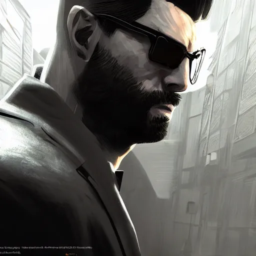 Image similar to bald Max Payne as Adam Jensen in Deus Ex, by Cedric Peyravernay, highly detailed, excellent composition, cinematic concept art, dramatic lighting, trending on ArtStation