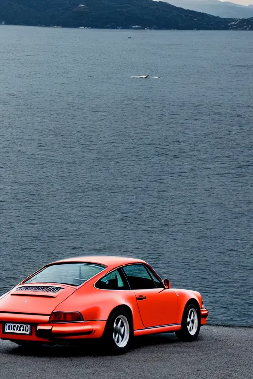 Image similar to Photo of a silver Porsche 911 Carrera 3.2 parked on a dock with Lake Como in the background, daylight, dramatic lighting, award winning, highly detailed, 1980s, luxury lifestyle, fine art print, best selling.