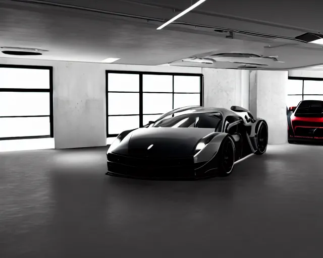 Prompt: luxury car garage, black gold aesthetic, forza horizons 5