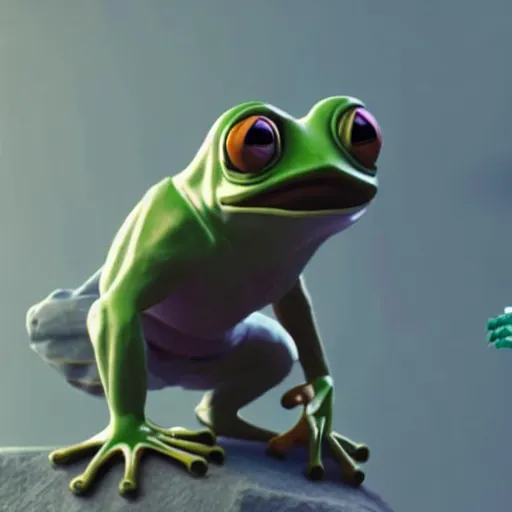 Image similar to a sadge - sad - pepe - the - frog - jedi - master, looking more depressed than usual, quivering lips, fists in the air, sweat flying, cgi render, zbrush, octane, keyshot render