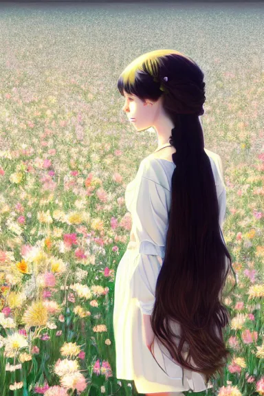 Image similar to little girl with her long black hair dressed in a simple white dress lying in a flowery field, anime art style, digital art by ilya kuvshinov, inspired by balthus, hd, 4 k, hyper detailed, rear view