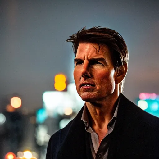 Image similar to a still of Tom Cruise. Shallow depth of field. City at night in background, lights, colors ,studio lighting, mood, 4K. Profession photography