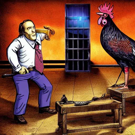 Image similar to saul goodman and a rooster in a saw movie torture chamber, scary torture devices in the background, saul goodman, rooster, photo