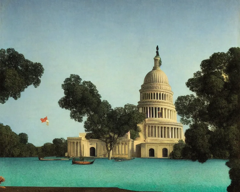 Image similar to an achingly beautiful print of a ruined U.S. Capitol in the Maldives by Raphael, Hopper, and Rene Magritte. detailed, romantic, enchanting, trending on artstation.