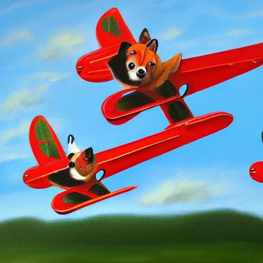 Image similar to 3 toy fox terriers flying a biplane, wearing red scarves flapping in wind, dramatic oil painting, aperture gradient