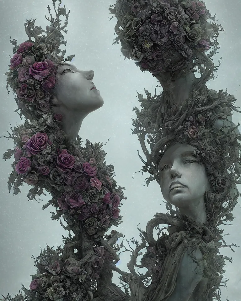 Prompt: portrait of a gothic cemetery statue made of mist and flowers, cosmic horror, mutating into mist, cinematic lightning, Andrew Ferez, Charlie Bowater, Marco Mazzoni, Seb McKinnon, Ryohei Hase, Alberto Seveso, Kim Keever, trending on cgsociety, featured on zbrush central, new sculpture, mystical