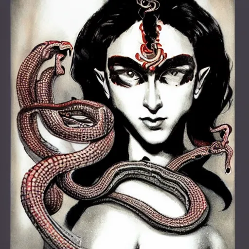 Prompt: beautiful grindhouse women, their hands are replaced by cameras, rahu eyes, snake skin, 2 1 0 mm, varying art styles, clarity