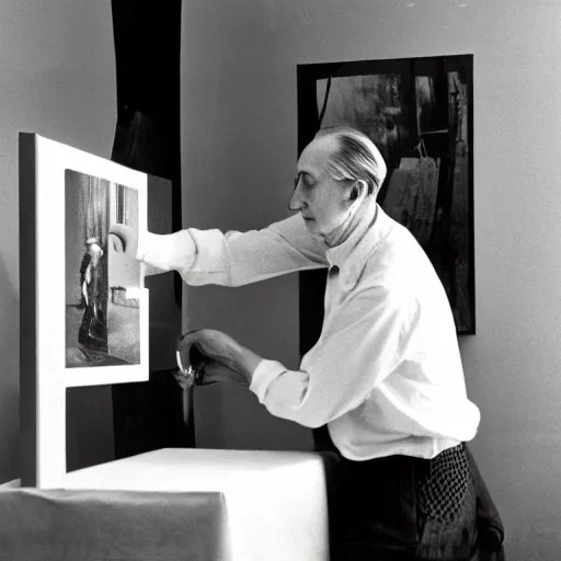 Image similar to a long exposure shot of Marcel Duchamp working on a readymade object, archival pigment print