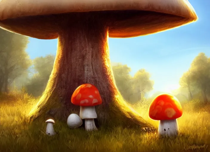Image similar to a cute creature sitting next to a mushroom, golden hour, fantasy, sharp focus, digital art, hyper realistic, 4 k, unreal engine, highly detailed, hd, dramatic lighting by brom, trending on artstation