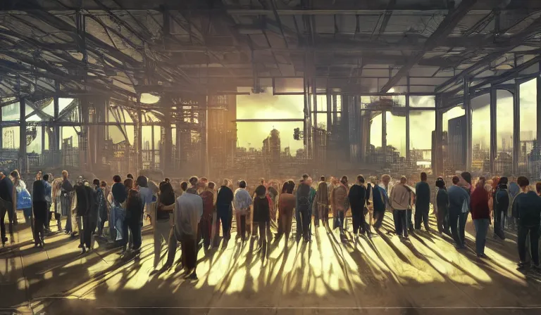 Prompt: large group people in simple warehouse, looking at hologram of futuristic city on a table, cinematic concept art, godrays, golden hour, natural sunlight, 4 k, clear details, tabletop model buildings, center model buildings, hologram center, crane shot, crane shot, crane shot