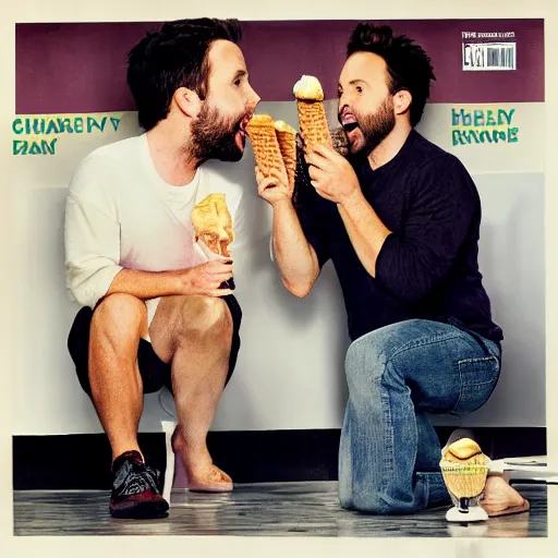 Image similar to Charlie Day and Rob McElhenney, kneeling down eating ice cream out of a white toilet bowl together, norman Rockwell