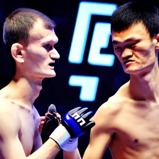 Image similar to vitalik buterin and changpeng zhao fighting in a ufc cage