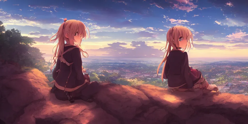 Image similar to isekai masterpiece anime girl sitting on a rock off to the side looking down upon swedish town, during dawn, cinematic, very warm colors, intense shadows, anime illustration, anime screenshot composite background