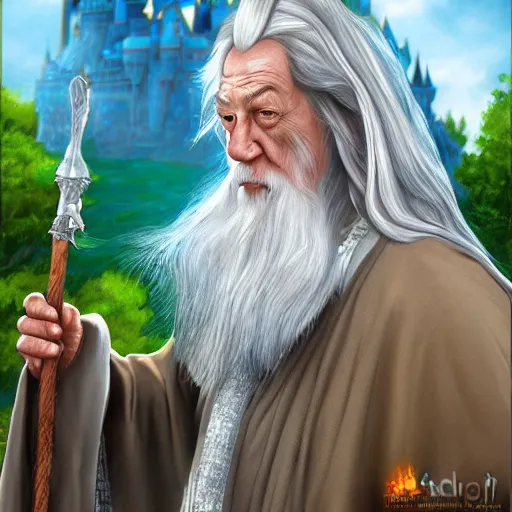 Image similar to gandalf visiting disneyland, highly detailed, digital art,