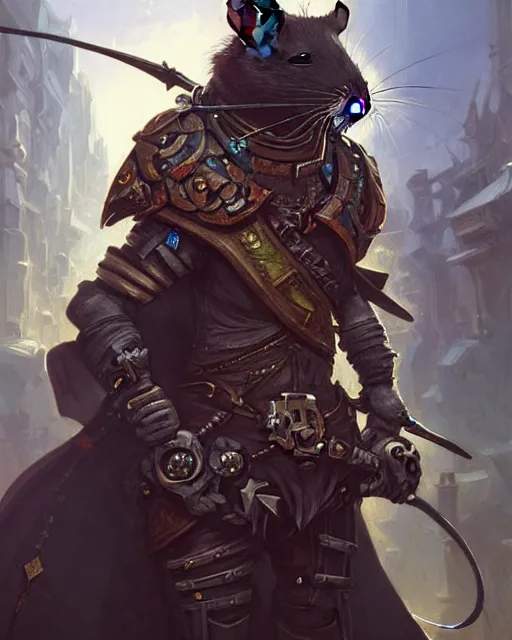 Image similar to cute pet rat warrior cyberpunk theme medieval, deep focus, d & d, fantasy, intricate, elegant, highly detailed, digital painting, artstation, concept art, matte, sharp focus, illustration, hearthstone, art by artgerm and greg rutkowski and alphonse mucha