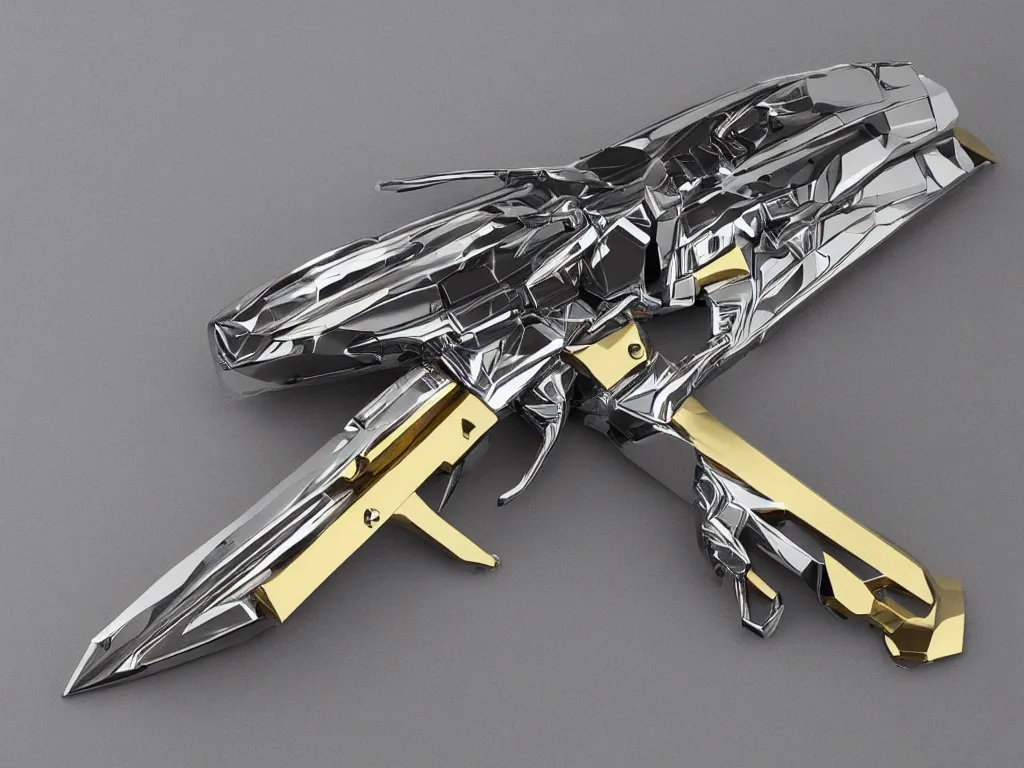 Image similar to intricate futuristic weapon made of brushed metal, chrome and carbon, gold linings