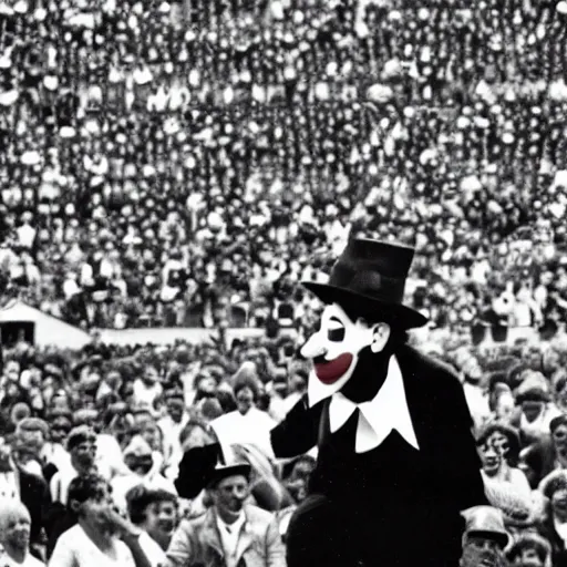 Image similar to an old black and white photo of a clown giving a rousing political speech to a huge crowd,