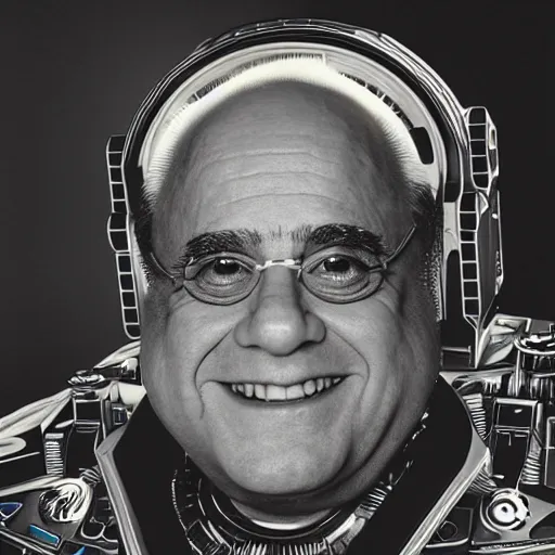 Prompt: Official portrait of Galactic Emperor Danny DeVito, robot Overlord in the year 3499, dramatic lighting, LEDs, greebles, Kodak Portra, 85mm, F 2.8