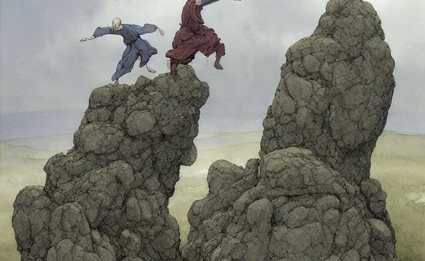 Image similar to a hyperrealist watercolour concept art of a group of grey monks levitating a huge rock in the air over their head. it is a misty night on the moors of ireland. by rebecca guay, michael kaluta, charles vess and jean moebius giraud. high detail, hq, wide shot