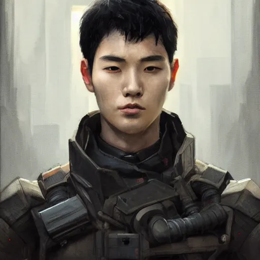 Image similar to Portrait of a man by Greg Rutkowski, he is about 20 years old, korean, short black hair, young, manly, attractive, tall and slim, smart looking, he is wearing futuristic military fatigues, highly detailed portrait, scifi, digital painting, artstation, concept art, smooth, sharp foccus ilustration, Artstation HQ