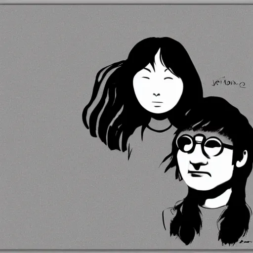 Prompt: john lennon and yoko ono in the style of hayao miyazaki