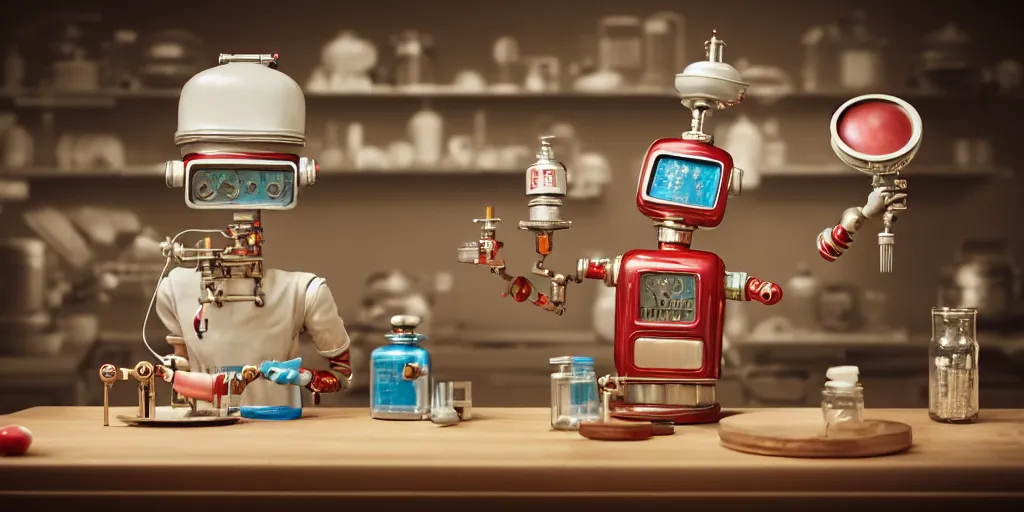 Prompt: closeup portrait of tin toy retro chemist robot cooking pastry cake in a kitchen, depth of field, zeiss lens, detailed, centered, fashion photoshoot, by nicoletta ceccoli, mark ryden, lostfish, breathtaking, 8 k resolution, extremely detailed, beautiful, establishing shot, artistic, hyperrealistic, octane render