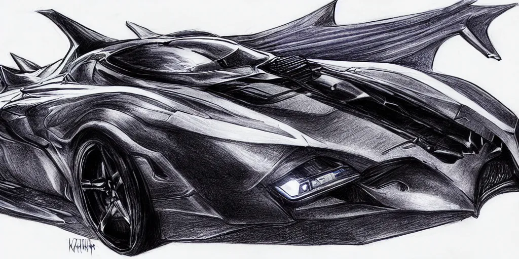 Image similar to ballpoint pen drawing of the batmobile, batman, arkham knight