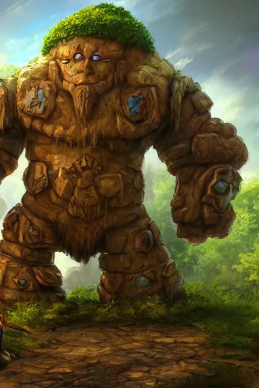 Image similar to zelda fantasy art giant golem troll wood rock greeble gemstone, global illumination ray tracing hdr fanart arstation by sung choi and eric pfeiffer and gabriel garza and casper konefal