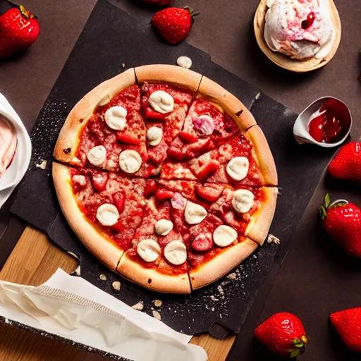 Prompt: a pizza with strawberry and ice cream toppings, 8k, trending on artstation, professional photography