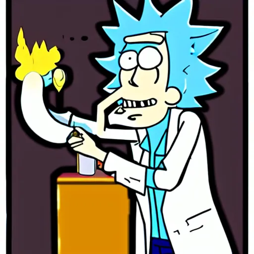 Image similar to cartoon of rick sanchez ( rick and morty ) smoking a plumber, in the style of rick and morty