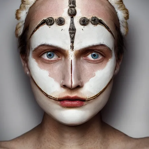 Prompt: minimalist photography portrait of an elaborately adorned germanic medicine woman, face mud, symmetrical, super close up, mid thirties, pagan, cute round slanted eyes, sunburnt skin, wide nostrils, high cheekbones, high flat eyebrows, ethereal essence, angelic, leica 1 0 0 mm f 0. 8