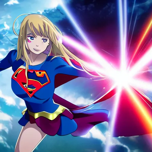 Image similar to anime visual of supergirl, laserbeam from eyes, official media