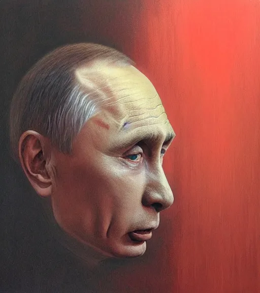 Image similar to Portrait painting of Vladimir Putin crying and suffering in a style of Beksinski.