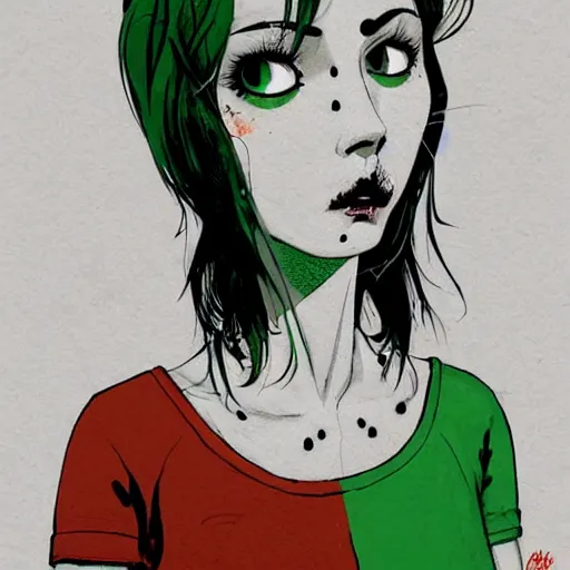 Image similar to Highly detailed portrait of pretty punk zombie young lady with, freckles and beautiful hair by Atey Ghailan, by Loish, by Bryan Lee O'Malley, by Cliff Chiang, inspired by image comics, inspired by graphic novel cover art, inspired by izombie, inspired by scott pilgrim !! Gradient green, black and white color scheme ((grafitti tag brick wall background)), trending on artstation