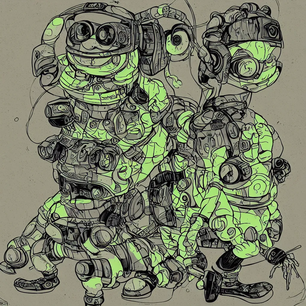 Image similar to a toad wearing headphones, ryuta ueda artwork, breakcore, style of jet set radio, y 2 k, gloom, space, cel - shaded art style, sacred geometry, data, minimal, code, cybernetic, dark, eerie, cyber