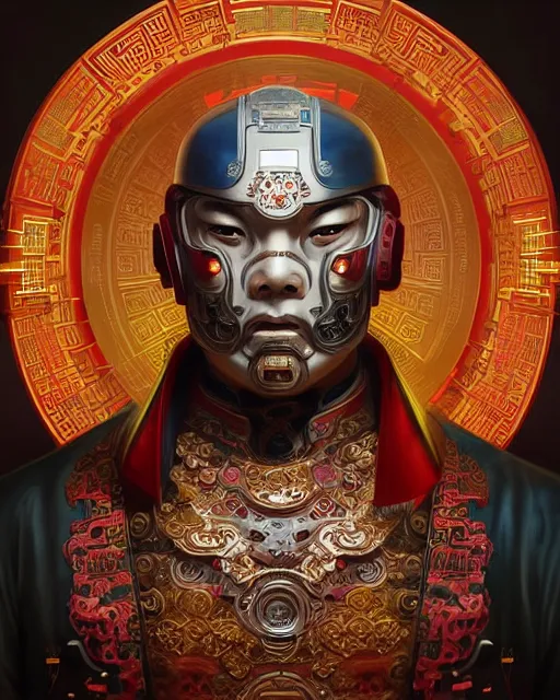 Image similar to portrait of a chinese masculine male cyberpunk machine, machine face, upper half portrait, decorated with chinese opera motifs, muscular, asian, fine china, wuxia, traditional chinese art intricate intense elegant 京 剧 highly detailed digital painting artstation concept art smooth sharp focus illustration, art by artgerm and greg rutkowski alphonse mucha 8 k
