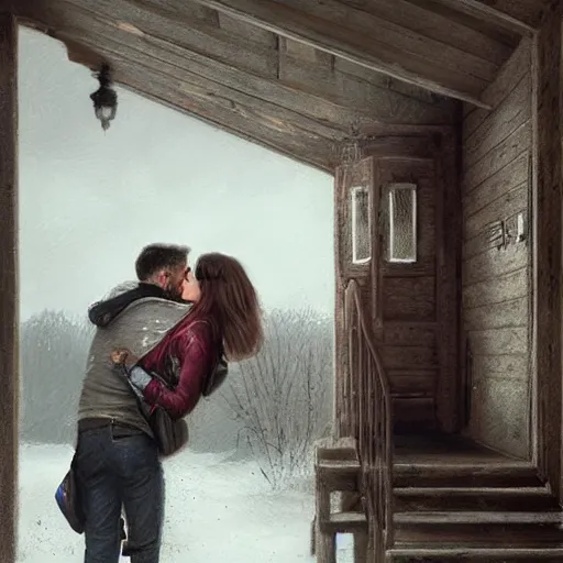 Image similar to a guy is leaving is home with luggage and sad angry mood, his wife is kissing another man under the porch of the house, highly detailed,, artstation hd, deviantart, by madgwick,, greg rutkowski, artgerm