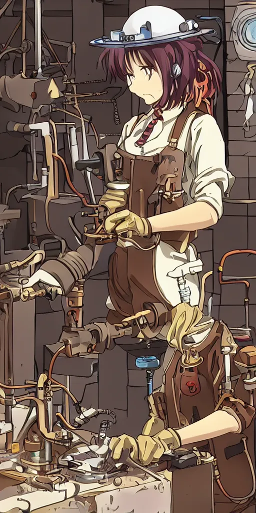 Prompt: Anime key visual of a steampunk girl welding metal in her workshop