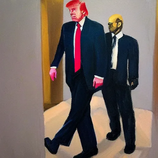 Image similar to fbi agents arresting donald trump, oil painting, in the style of artstation