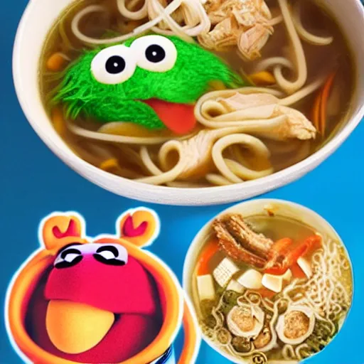 Image similar to muppets swimming in noodle soup