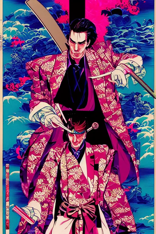 Image similar to poster of patrick bateman as a samurai, vaporwave aesthetic, by yoichi hatakenaka, masamune shirow, josan gonzales and dan mumford, ayami kojima, takato yamamoto, barclay shaw, karol bak, yukito kishiro