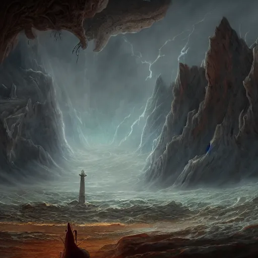 Image similar to Engraved on the wall of necromantic wizards gathered on a gloomy and mysterious island. Beneath his feet rests an ancient god oil painting, digital art, ultradetailed, artstation
